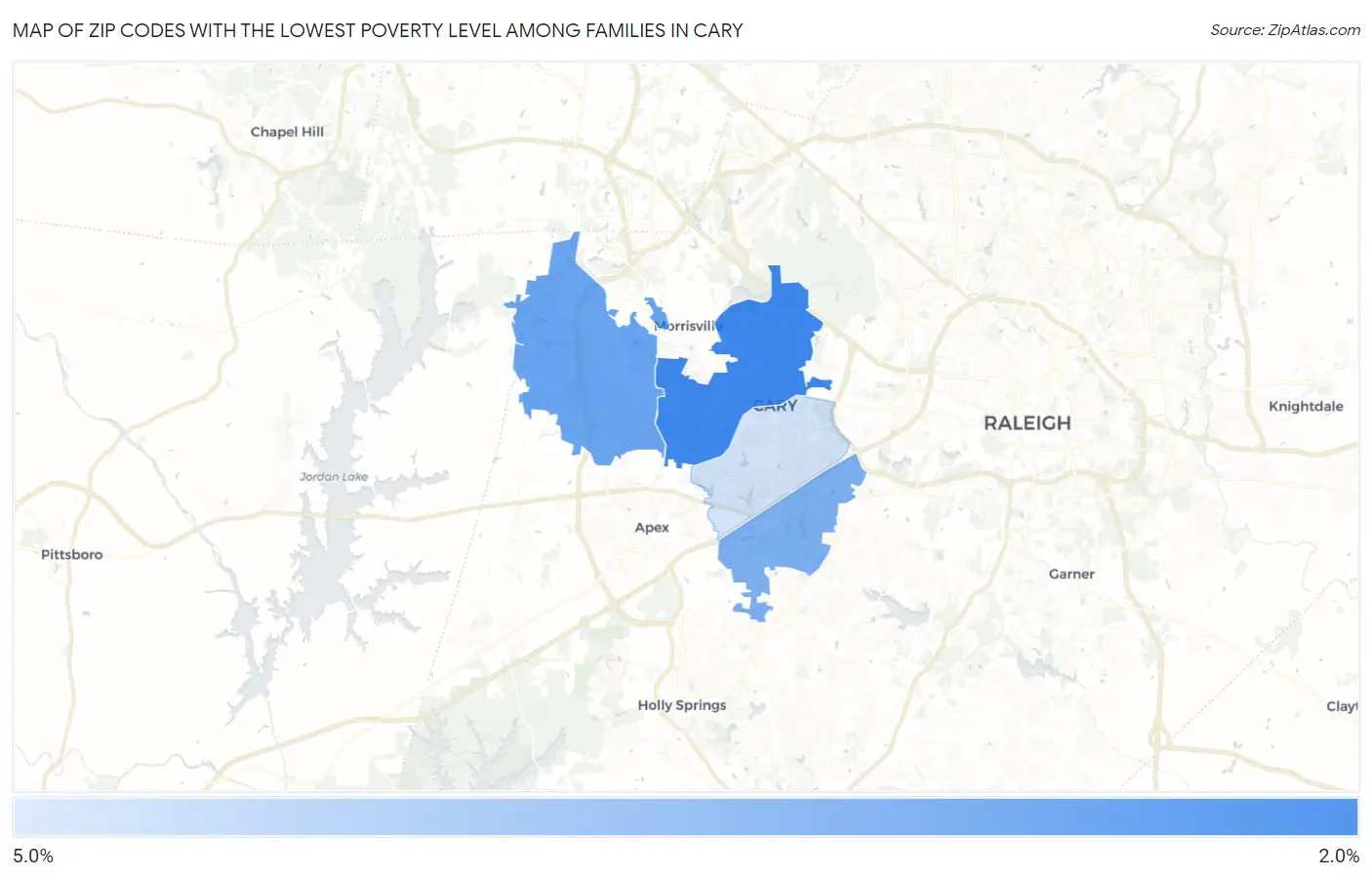 Zip Codes with the Lowest Poverty Level Among Families in Cary Map