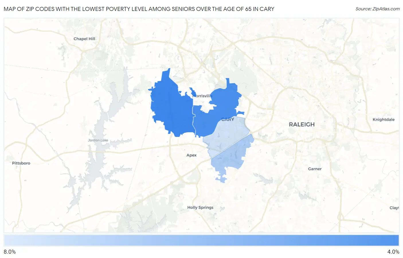 Zip Codes with the Lowest Poverty Level Among Seniors Over the Age of 65 in Cary Map