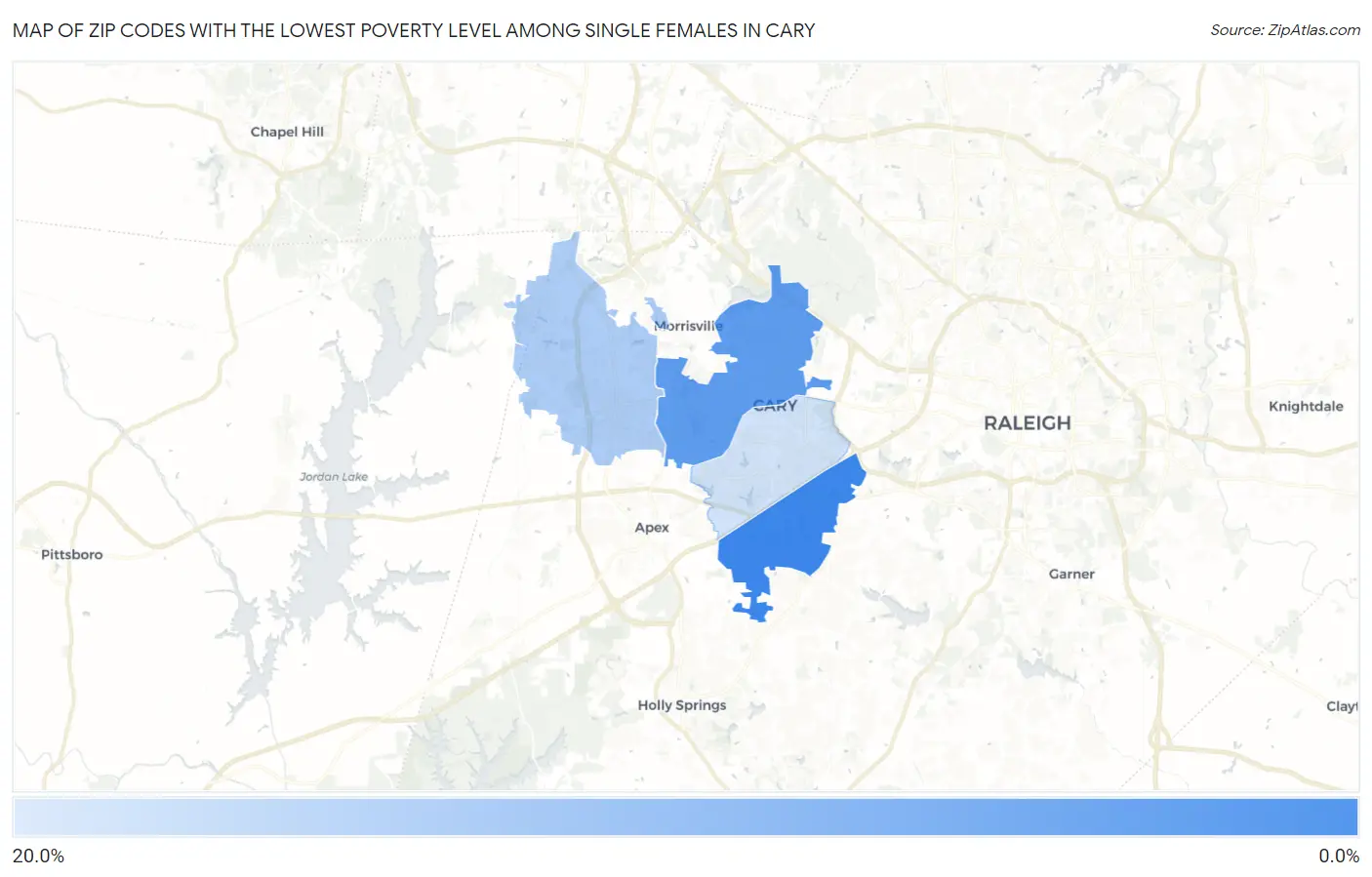 Zip Codes with the Lowest Poverty Level Among Single Females in Cary Map