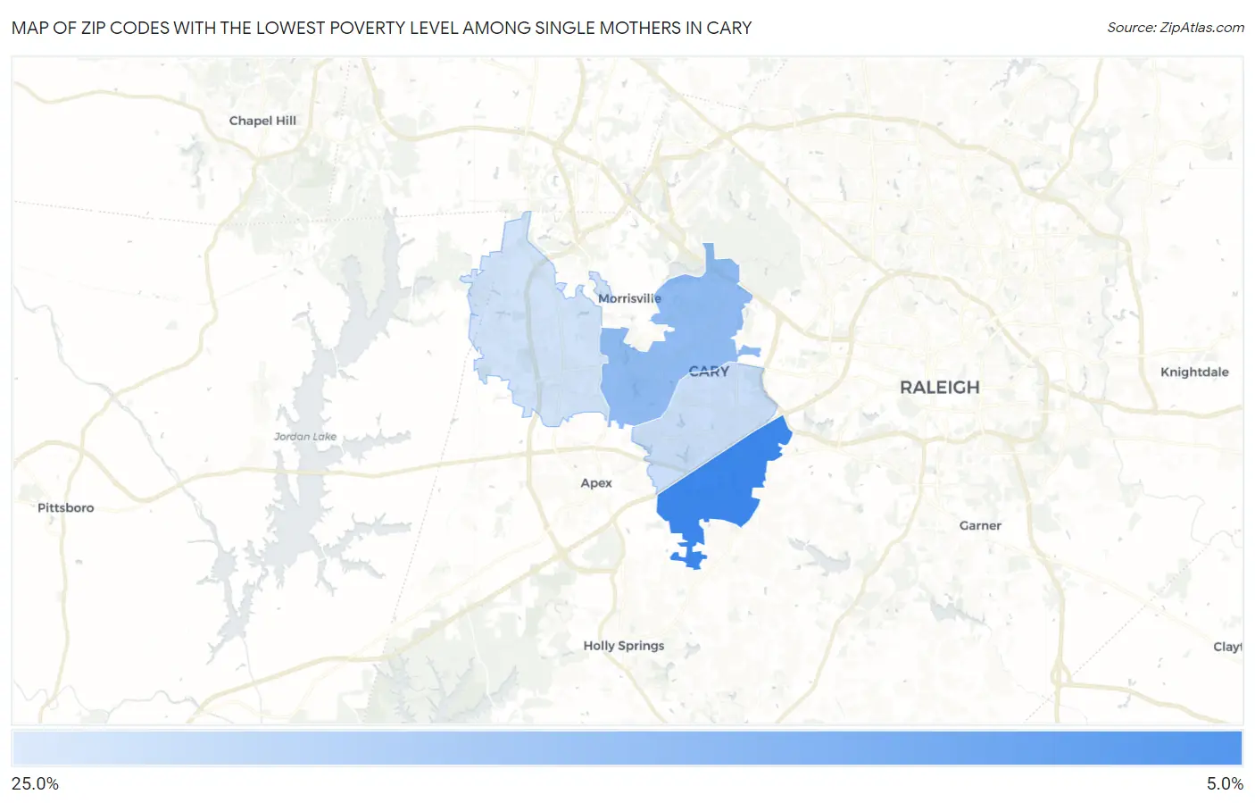Zip Codes with the Lowest Poverty Level Among Single Mothers in Cary Map