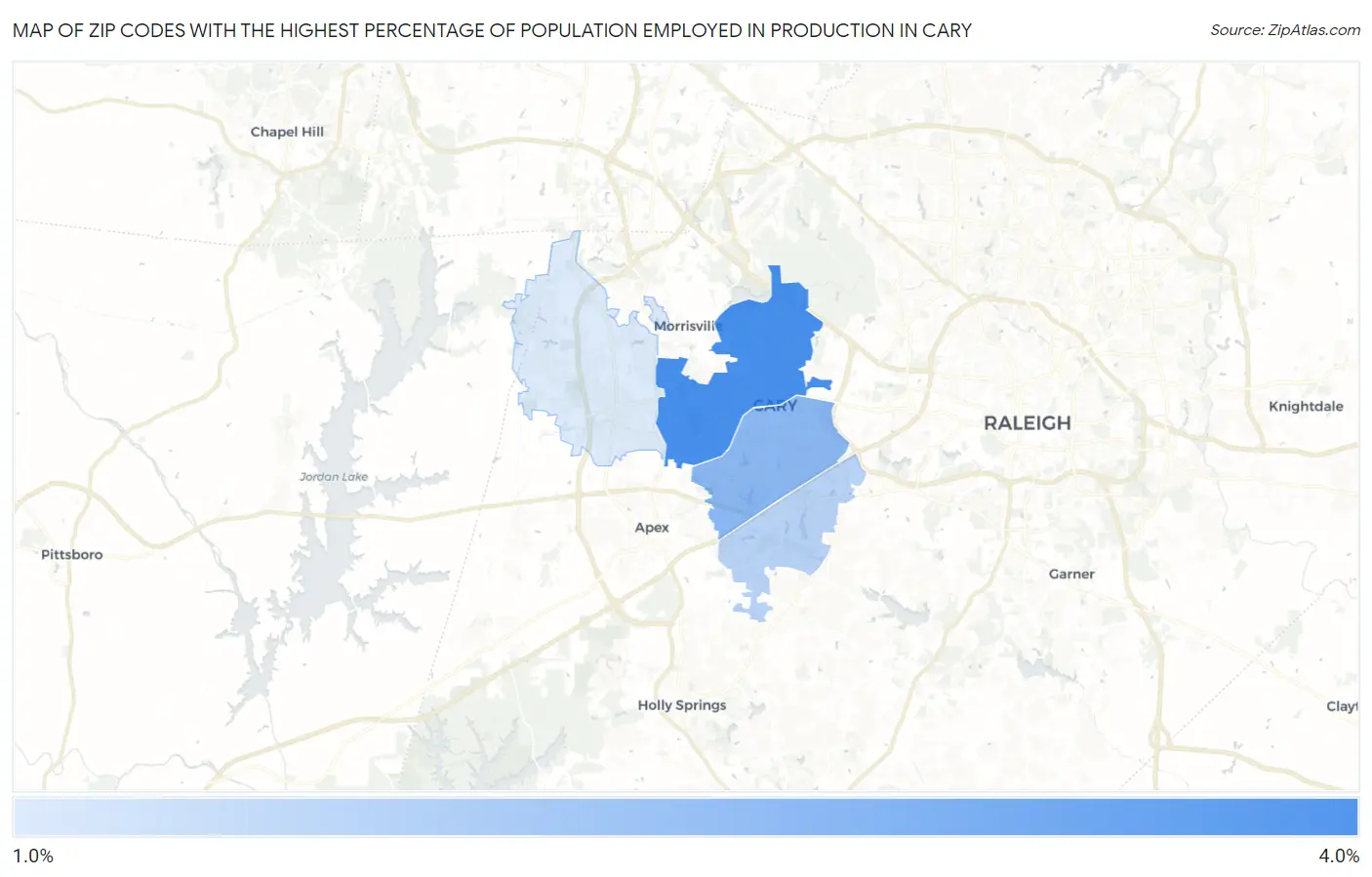 Zip Codes with the Highest Percentage of Population Employed in Production in Cary Map