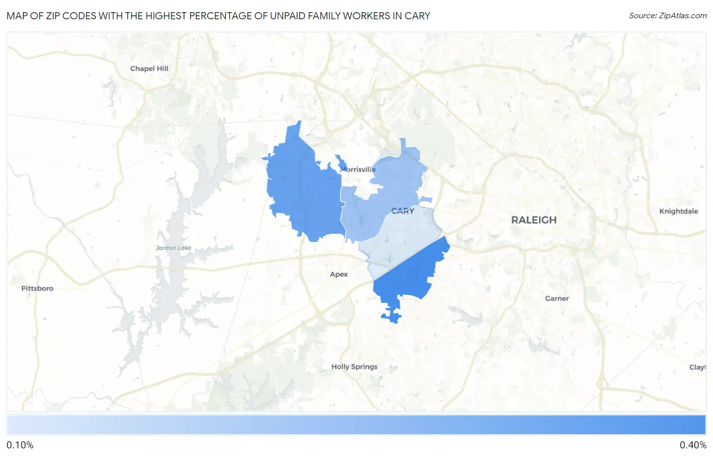 Zip Codes with the Highest Percentage of Unpaid Family Workers in Cary Map