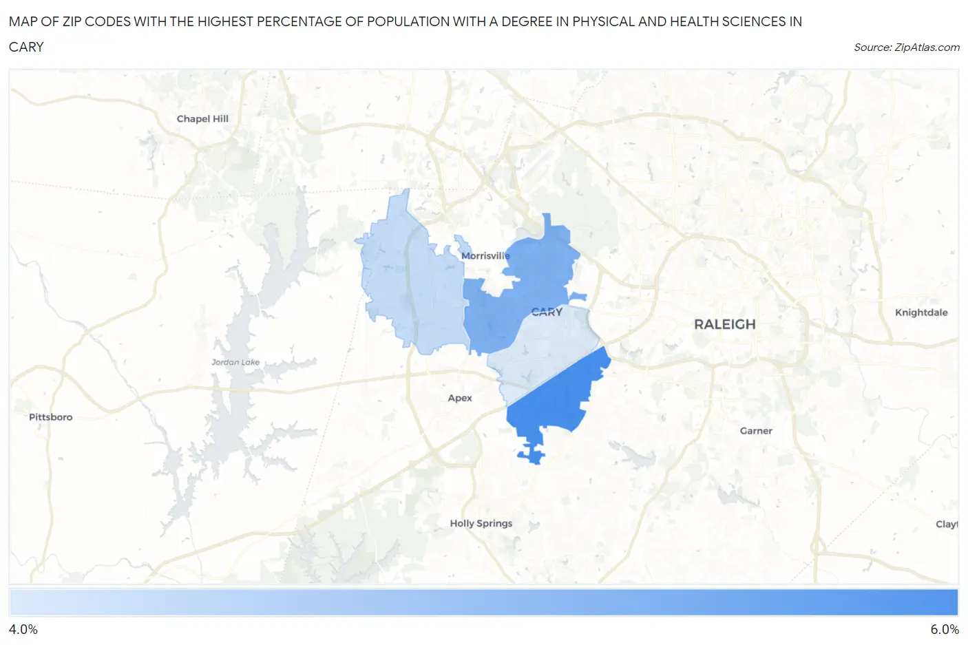 Zip Codes with the Highest Percentage of Population with a Degree in Physical and Health Sciences in Cary Map