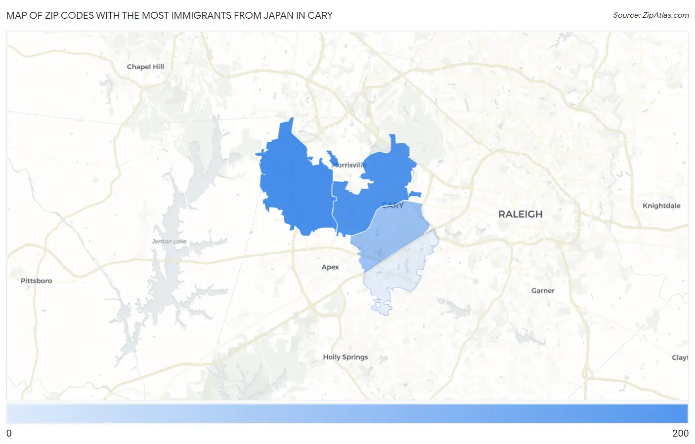 Zip Codes with the Most Immigrants from Japan in Cary Map