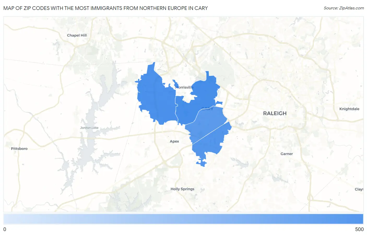 Zip Codes with the Most Immigrants from Northern Europe in Cary Map