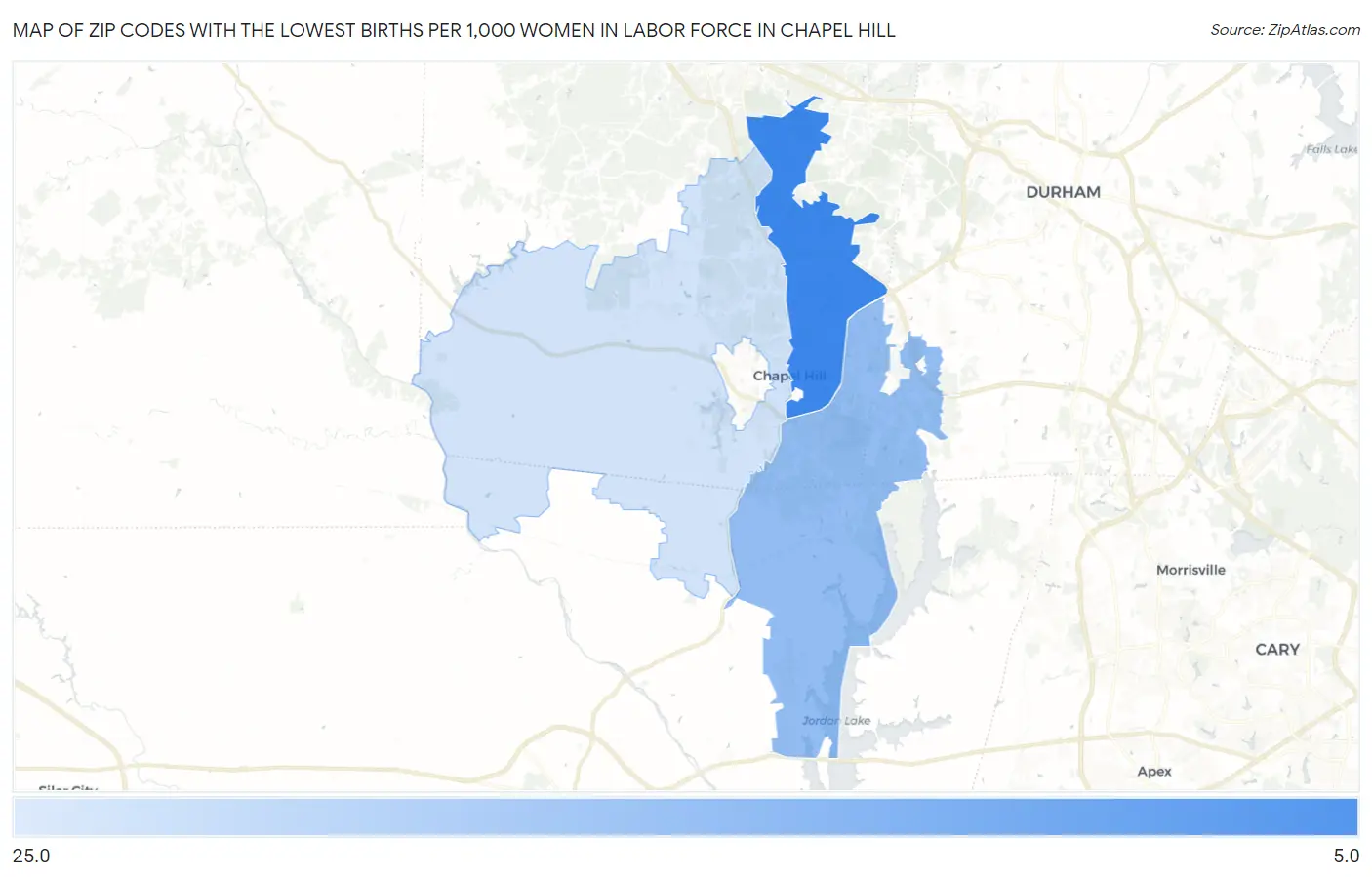 Zip Codes with the Lowest Births per 1,000 Women in Labor Force in Chapel Hill Map