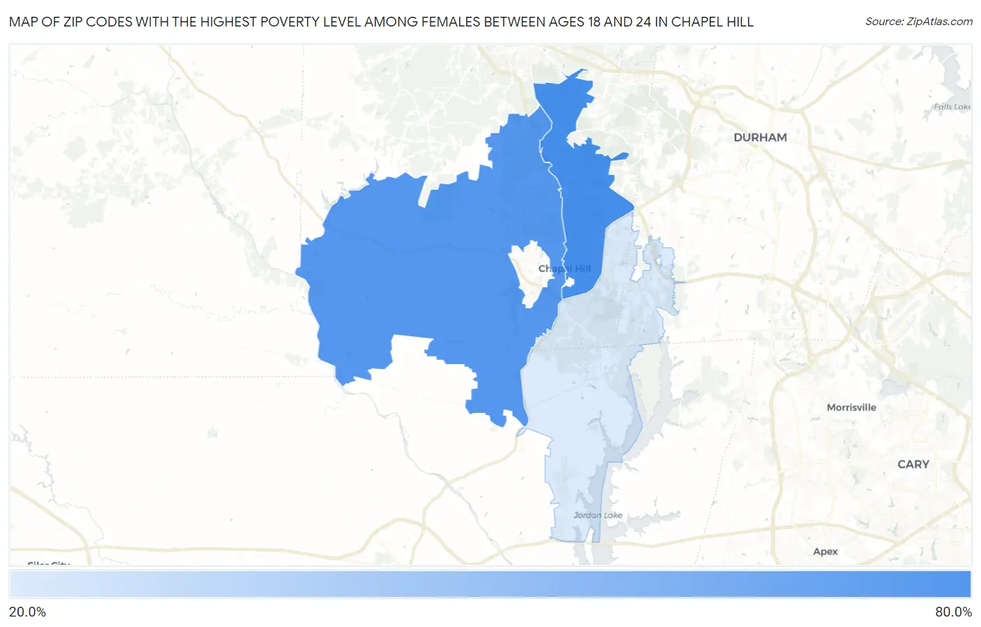 Zip Codes with the Highest Poverty Level Among Females Between Ages 18 and 24 in Chapel Hill Map