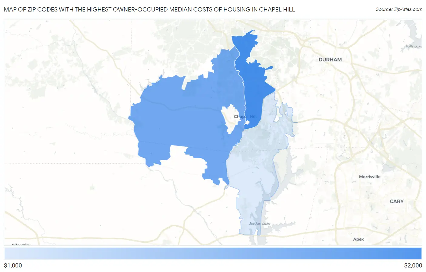 Zip Codes with the Highest Owner-Occupied Median Costs of Housing in Chapel Hill Map