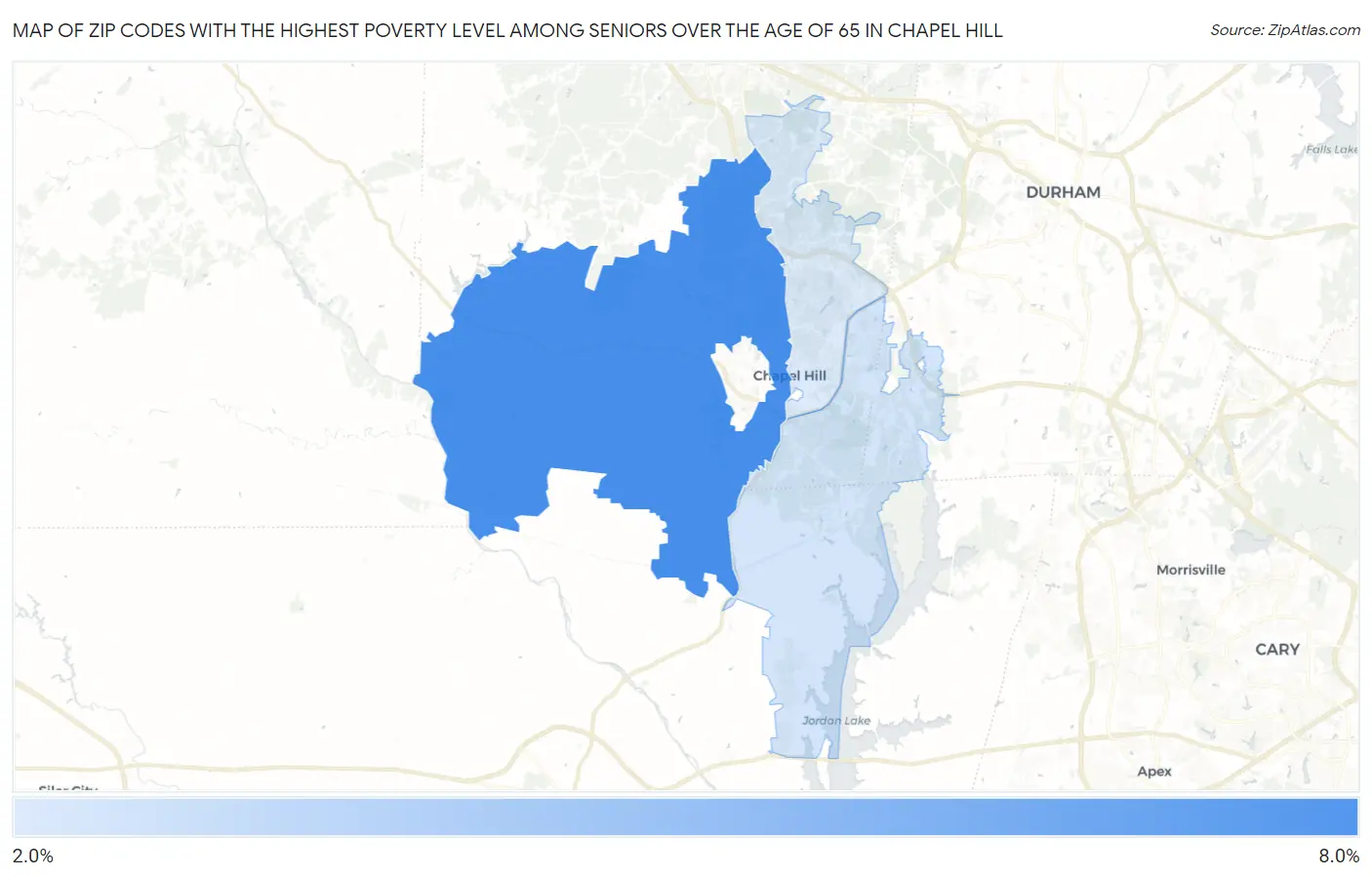 Zip Codes with the Highest Poverty Level Among Seniors Over the Age of 65 in Chapel Hill Map