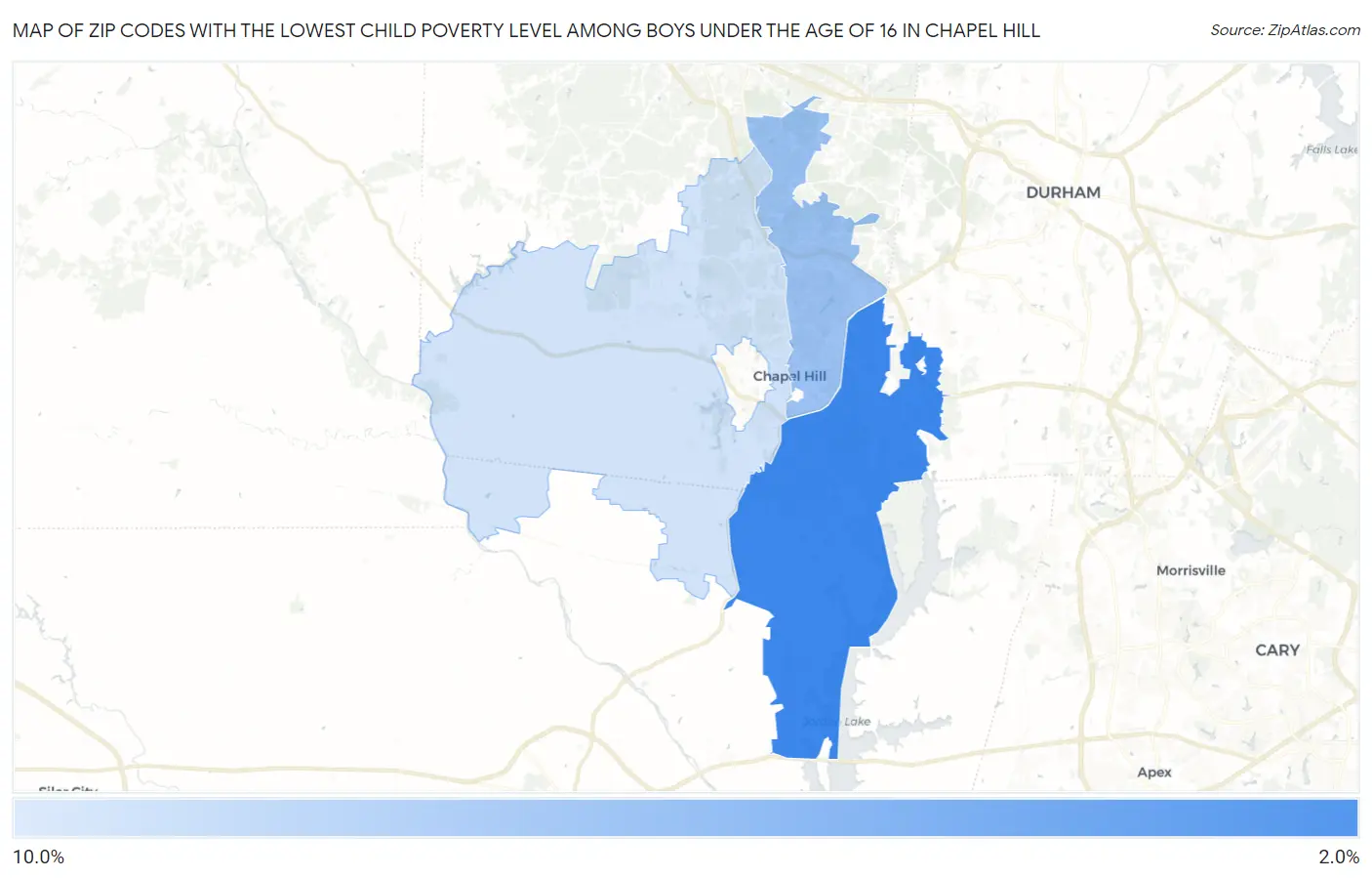 Zip Codes with the Lowest Child Poverty Level Among Boys Under the Age of 16 in Chapel Hill Map