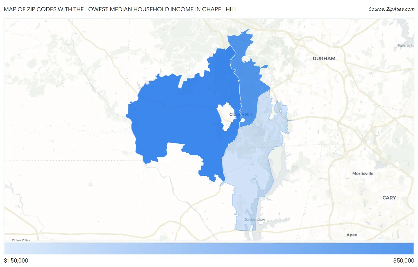 Zip Codes with the Lowest Median Household Income in Chapel Hill Map