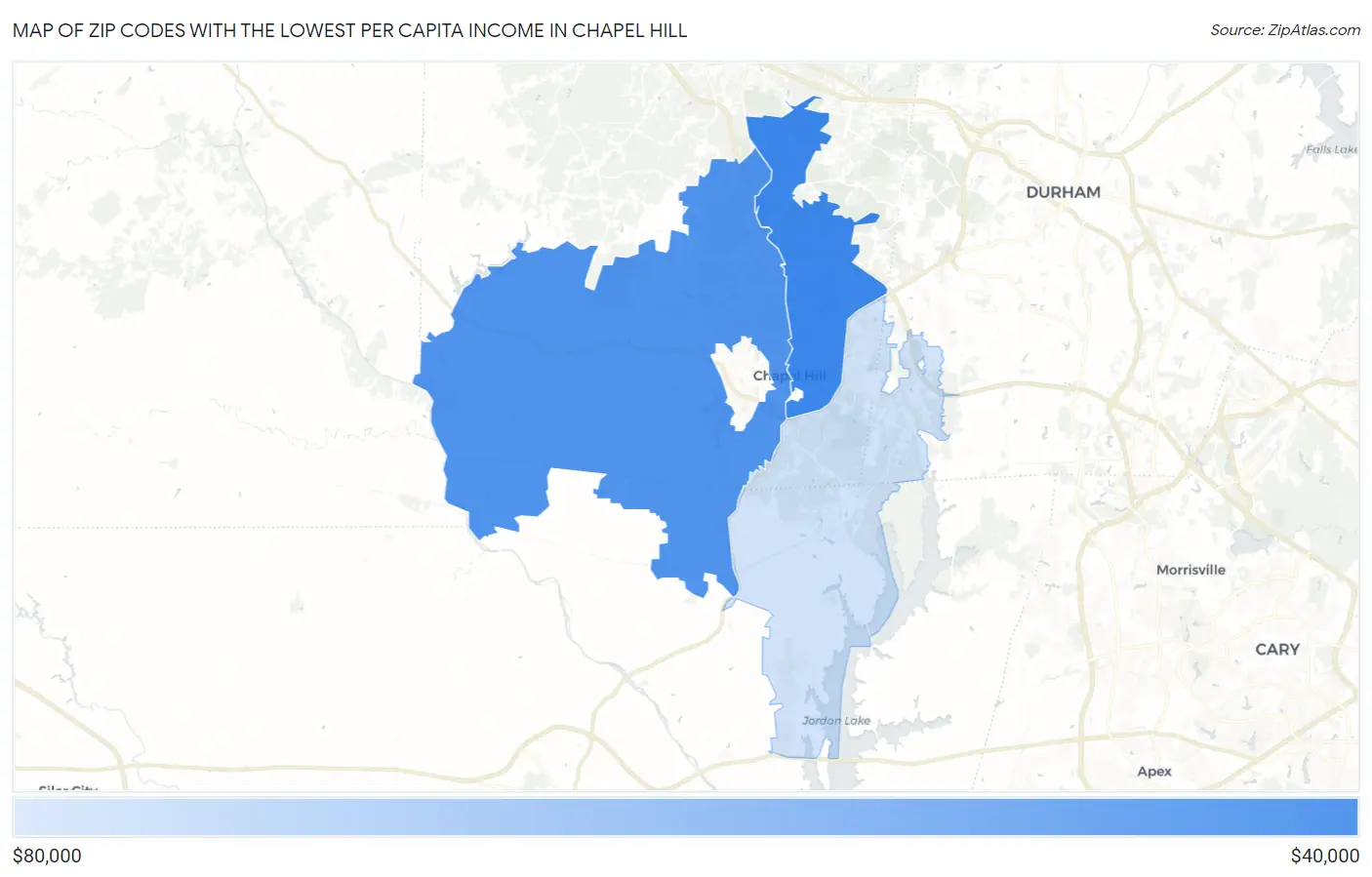 Zip Codes with the Lowest Per Capita Income in Chapel Hill Map