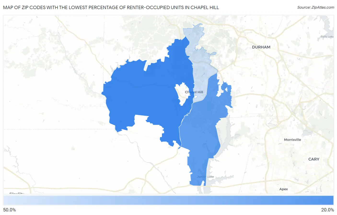 Zip Codes with the Lowest Percentage of Renter-Occupied Units in Chapel Hill Map