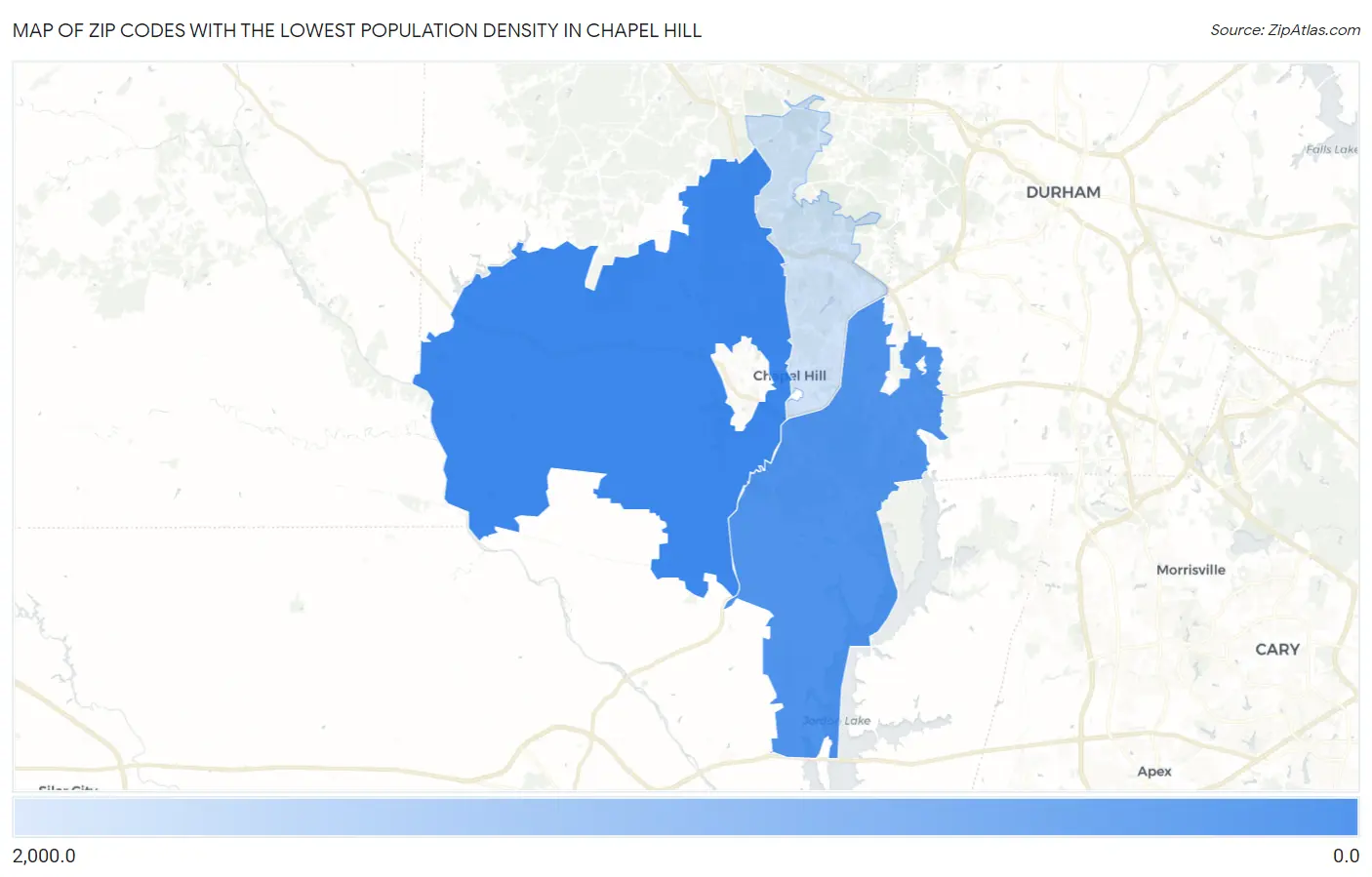 Zip Codes with the Lowest Population Density in Chapel Hill Map