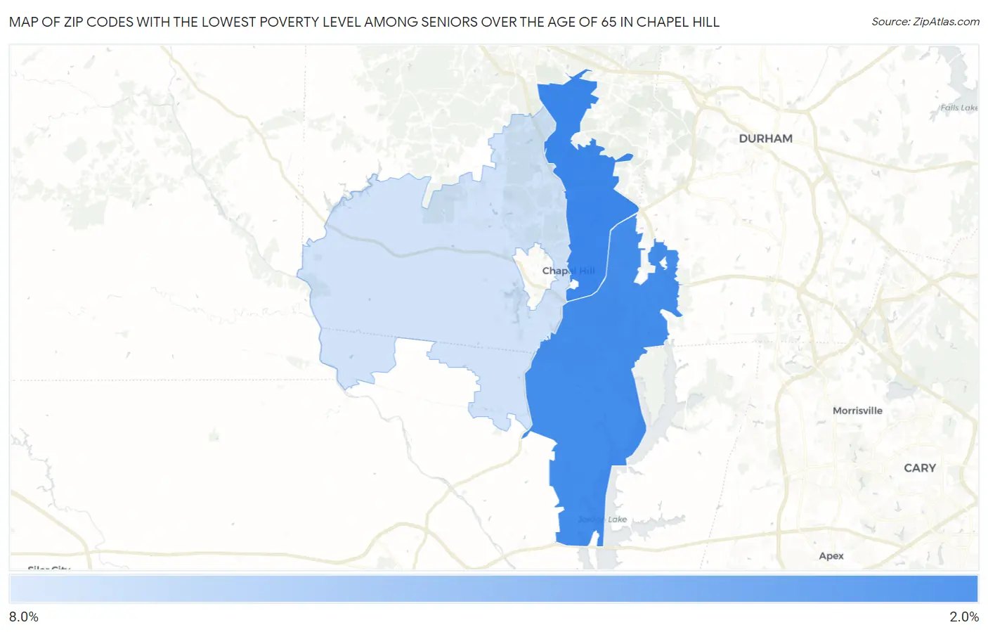 Zip Codes with the Lowest Poverty Level Among Seniors Over the Age of 65 in Chapel Hill Map