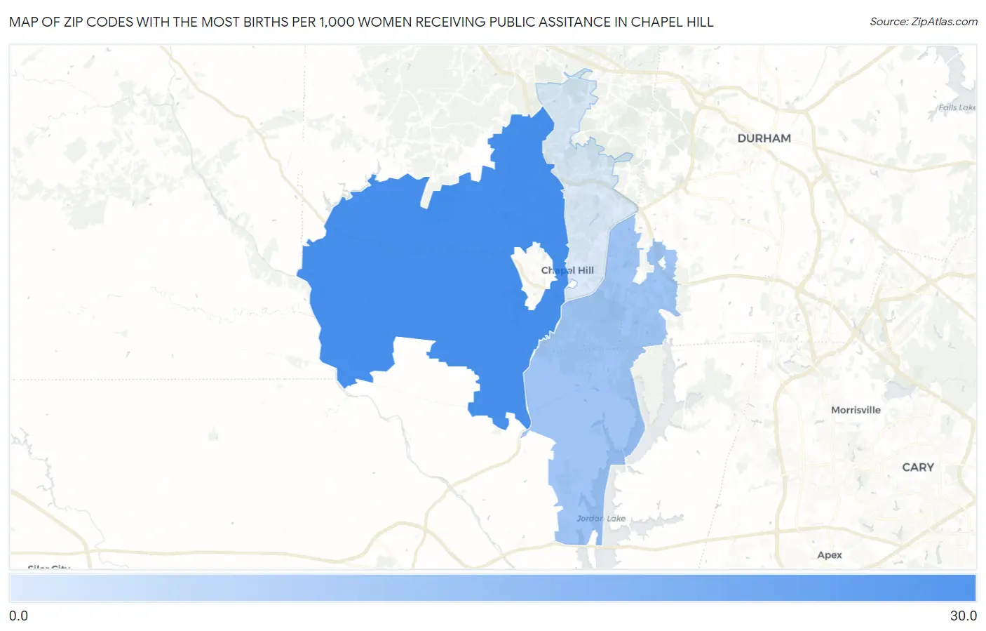 Zip Codes with the Most Births per 1,000 Women Receiving Public Assitance in Chapel Hill Map