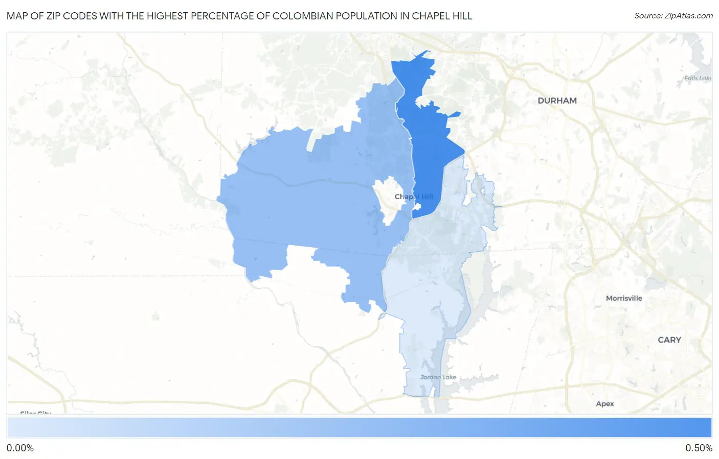 Zip Codes with the Highest Percentage of Colombian Population in Chapel Hill Map