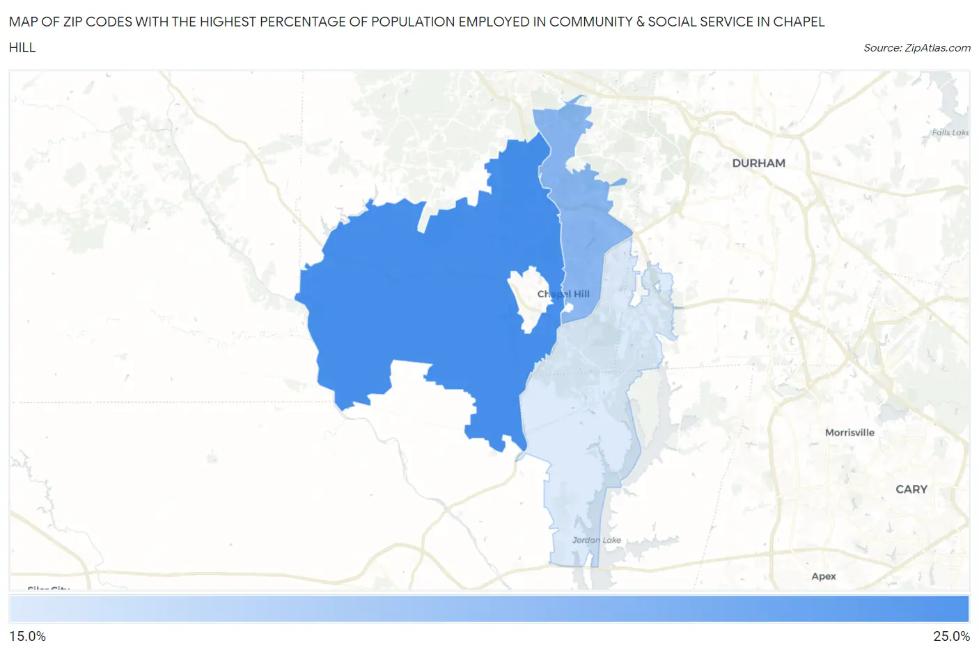 Zip Codes with the Highest Percentage of Population Employed in Community & Social Service  in Chapel Hill Map