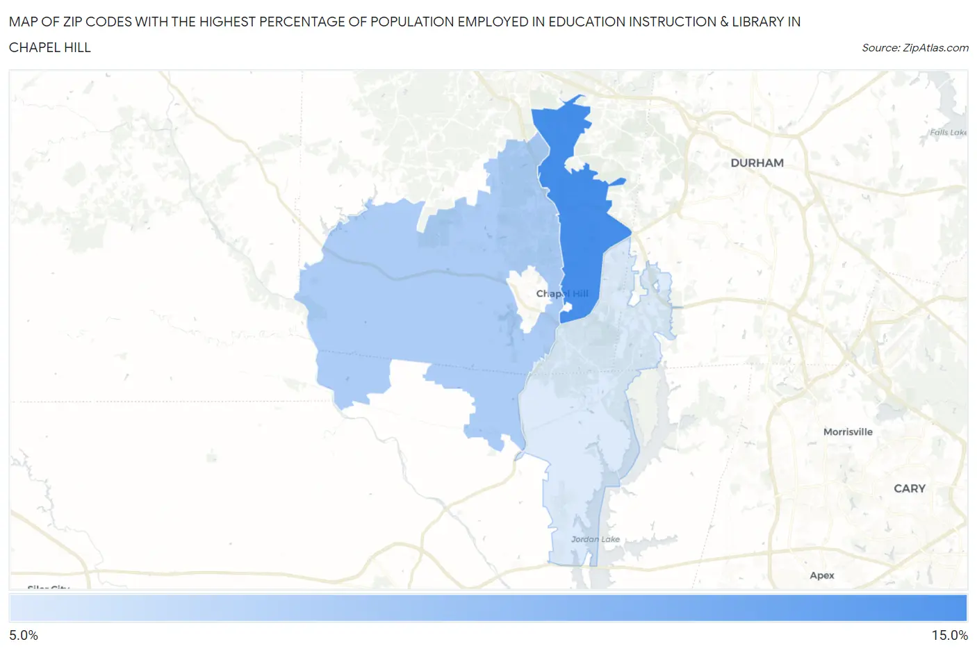 Zip Codes with the Highest Percentage of Population Employed in Education Instruction & Library in Chapel Hill Map
