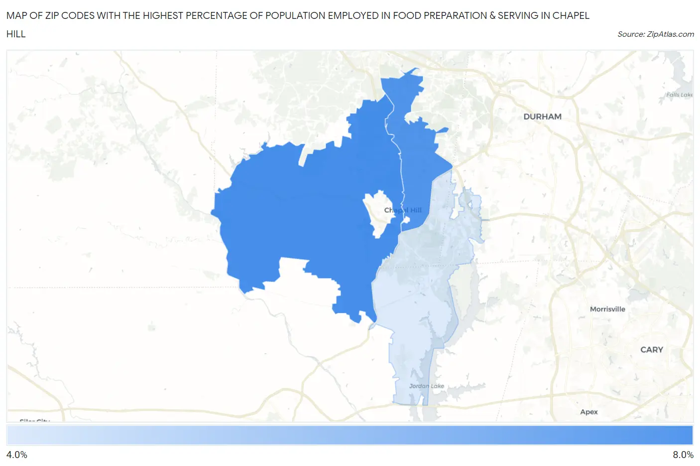 Zip Codes with the Highest Percentage of Population Employed in Food Preparation & Serving in Chapel Hill Map