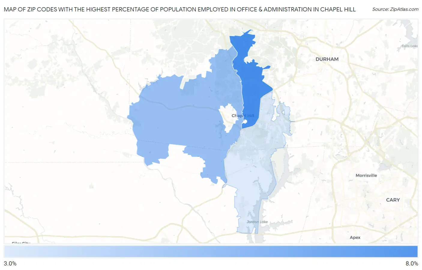 Zip Codes with the Highest Percentage of Population Employed in Office & Administration in Chapel Hill Map
