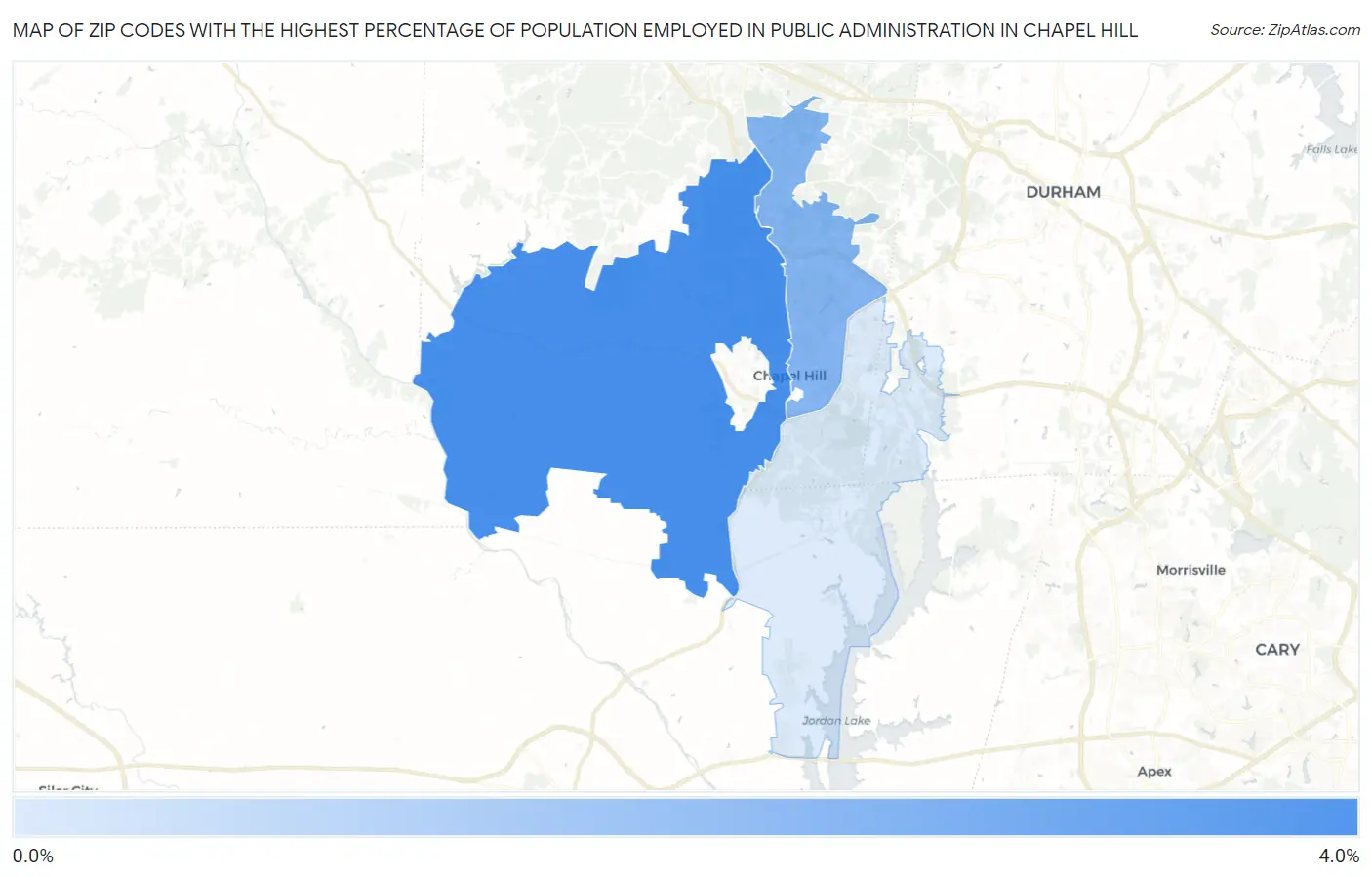 Zip Codes with the Highest Percentage of Population Employed in Public Administration in Chapel Hill Map