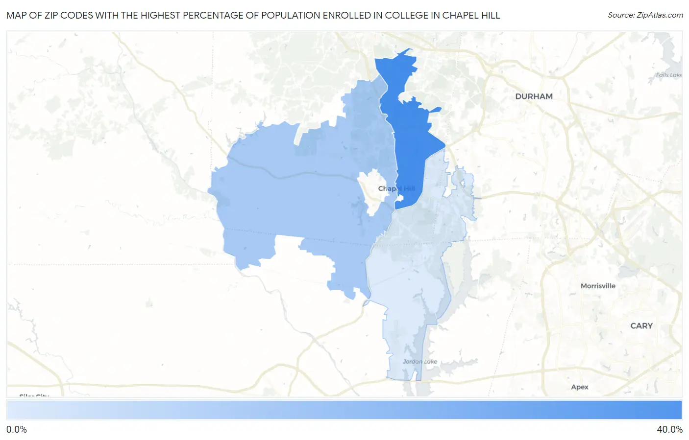 Zip Codes with the Highest Percentage of Population Enrolled in College in Chapel Hill Map