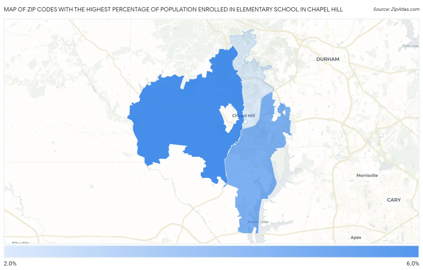 Zip Codes with the Highest Percentage of Population Enrolled in Elementary School in Chapel Hill Map