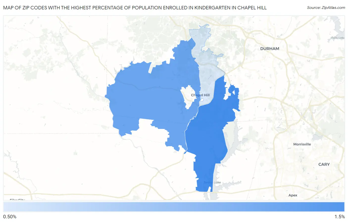 Zip Codes with the Highest Percentage of Population Enrolled in Kindergarten in Chapel Hill Map