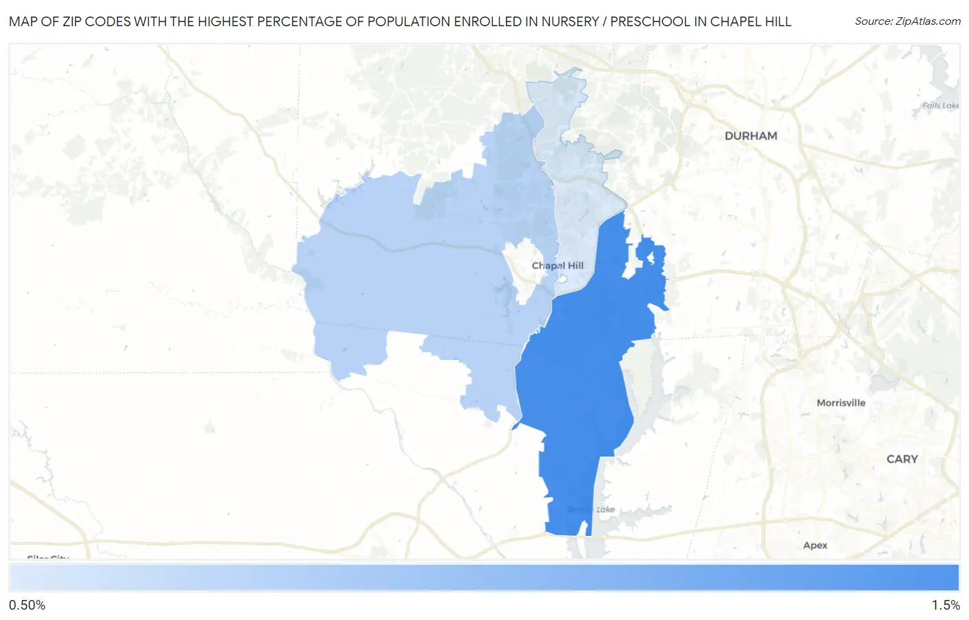 Zip Codes with the Highest Percentage of Population Enrolled in Nursery / Preschool in Chapel Hill Map