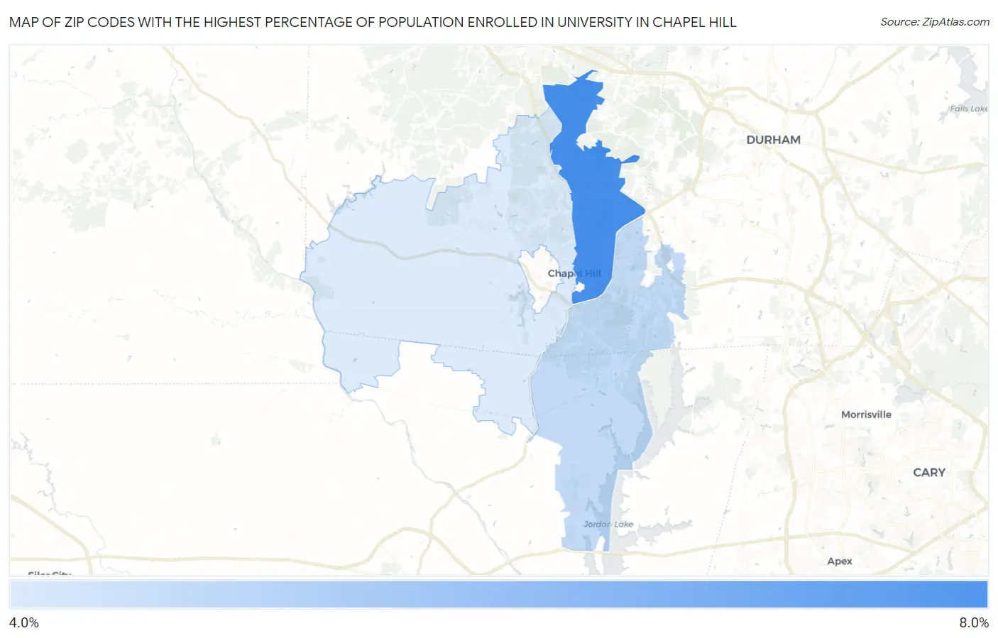 Zip Codes with the Highest Percentage of Population Enrolled in University in Chapel Hill Map