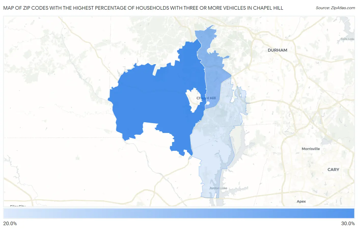 Zip Codes with the Highest Percentage of Households With Three or more Vehicles in Chapel Hill Map