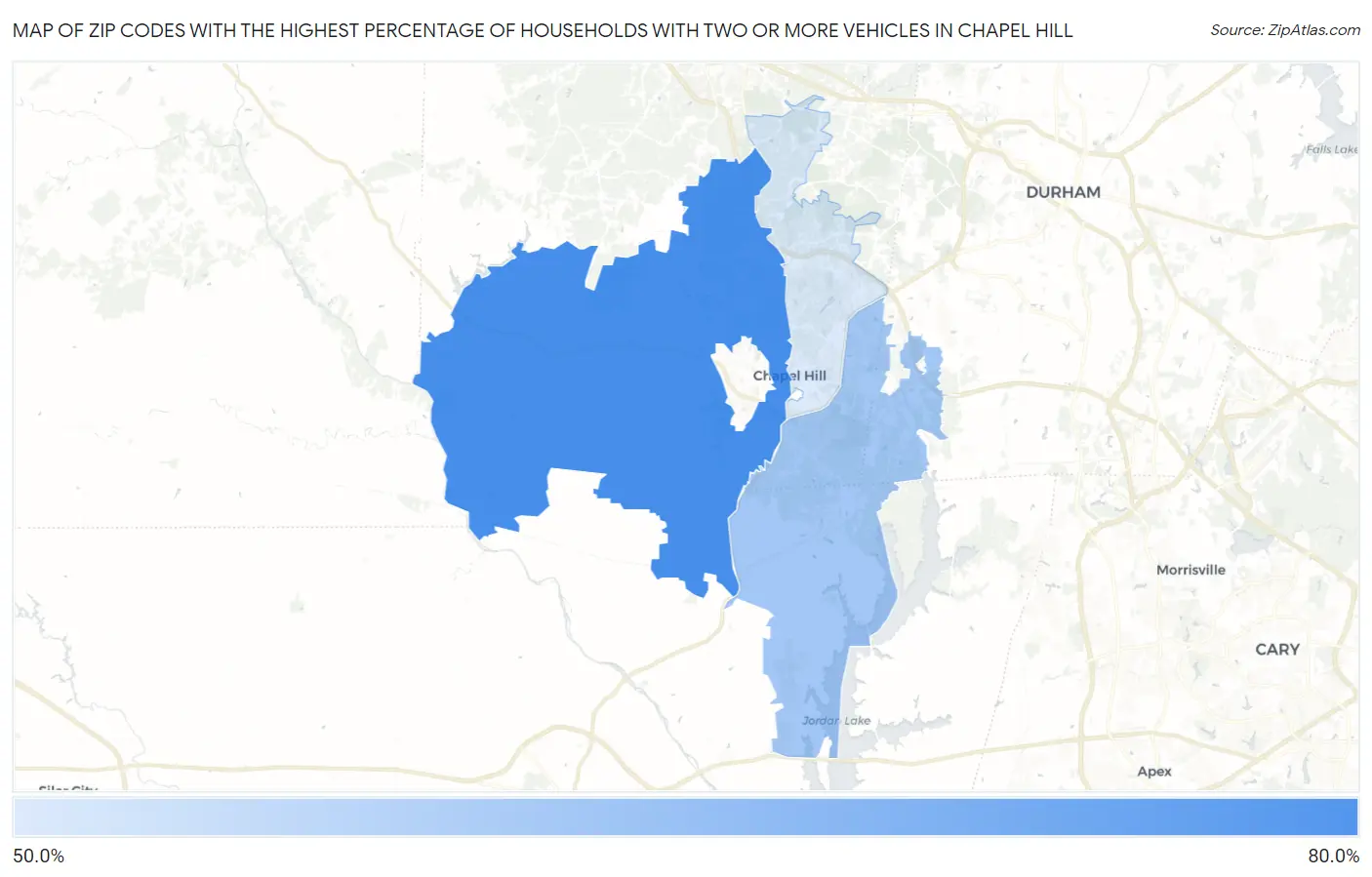 Zip Codes with the Highest Percentage of Households With Two or more Vehicles in Chapel Hill Map