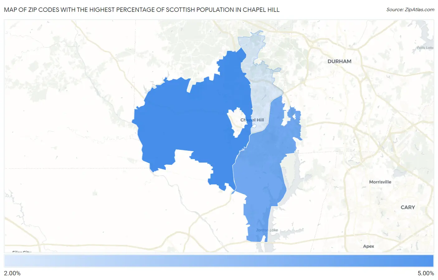 Zip Codes with the Highest Percentage of Scottish Population in Chapel Hill Map
