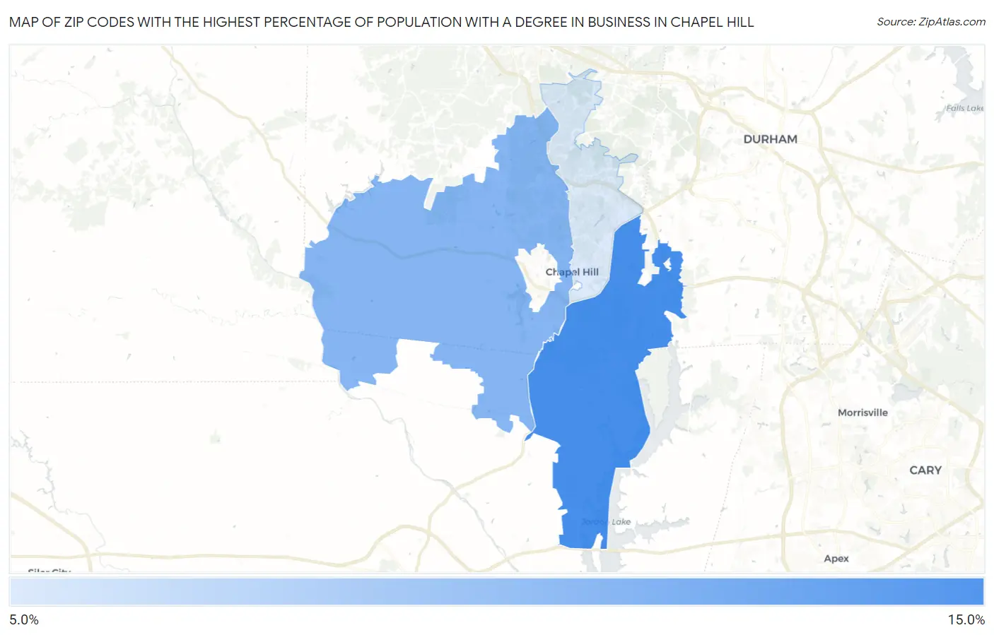Zip Codes with the Highest Percentage of Population with a Degree in Business in Chapel Hill Map
