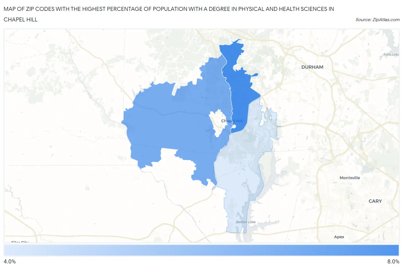 Zip Codes with the Highest Percentage of Population with a Degree in Physical and Health Sciences in Chapel Hill Map