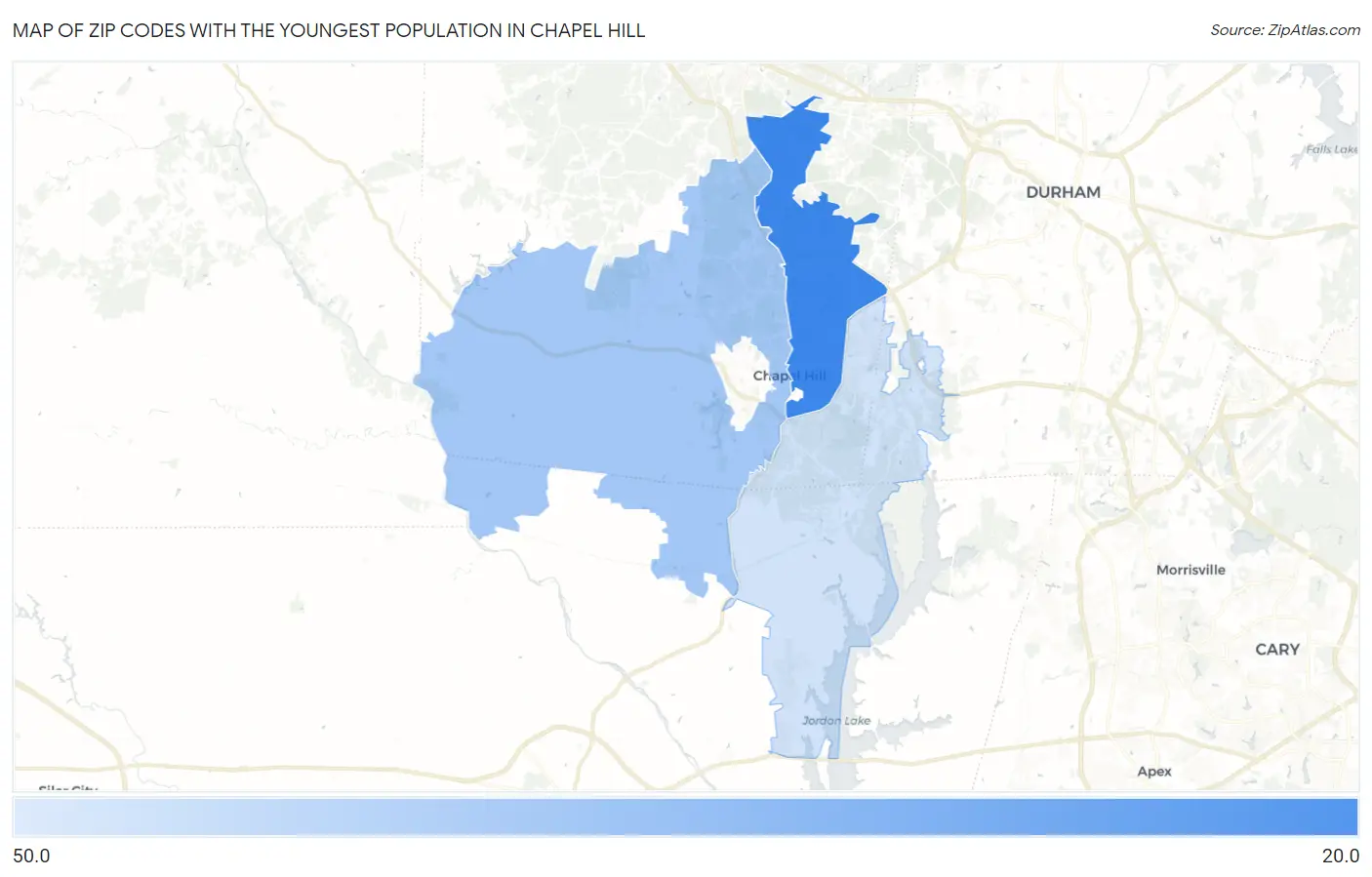 Zip Codes with the Youngest Population in Chapel Hill Map
