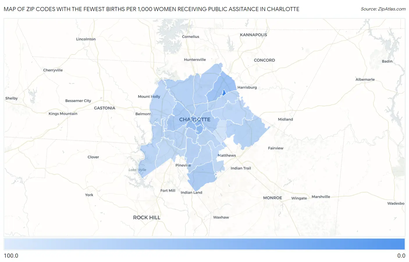 Zip Codes with the Fewest Births per 1,000 Women Receiving Public Assitance in Charlotte Map