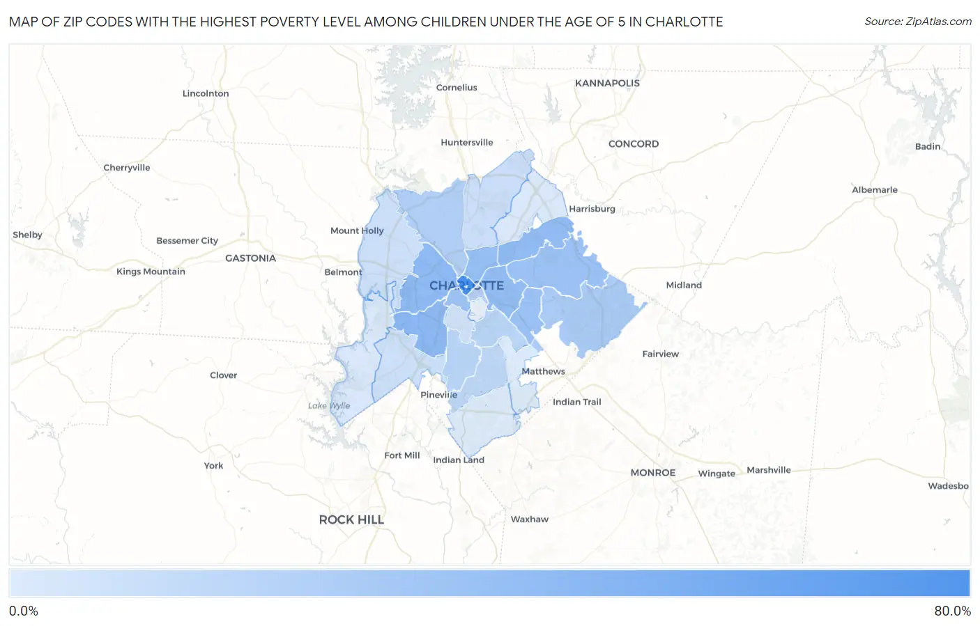 Zip Codes with the Highest Poverty Level Among Children Under the Age of 5 in Charlotte Map