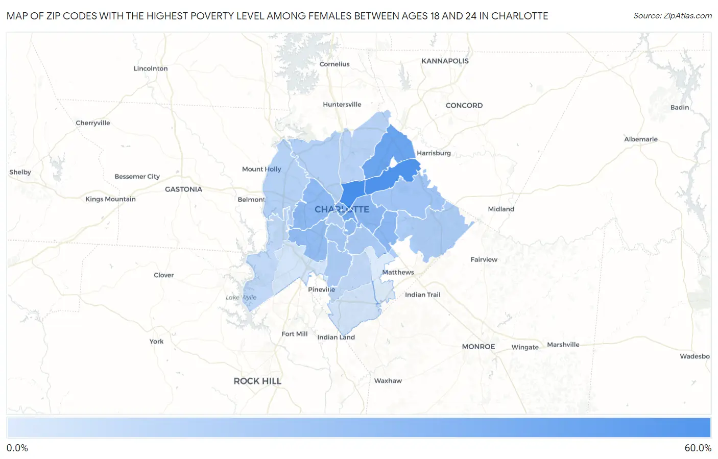 Zip Codes with the Highest Poverty Level Among Females Between Ages 18 and 24 in Charlotte Map
