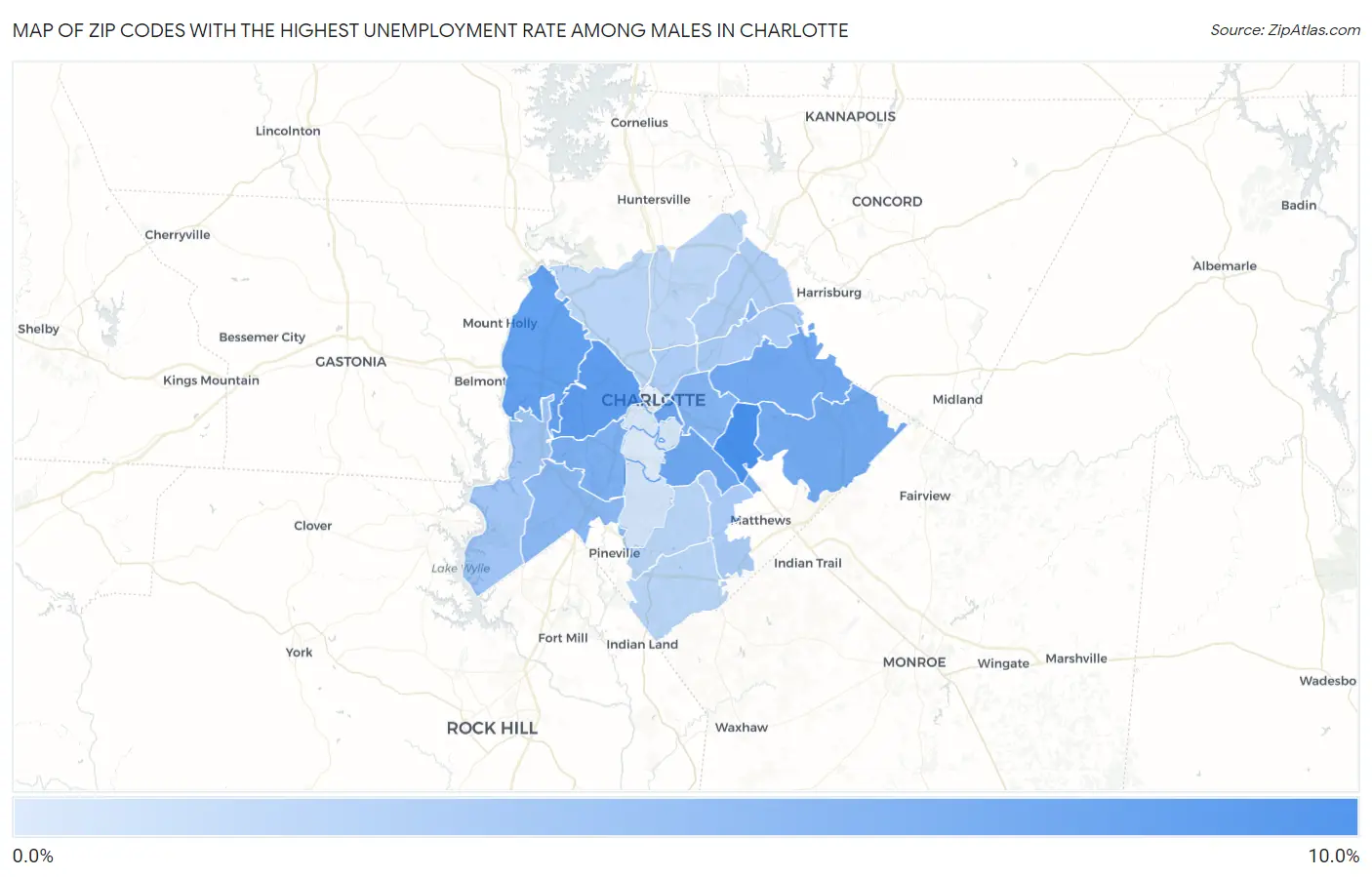 Zip Codes with the Highest Unemployment Rate Among Males in Charlotte Map