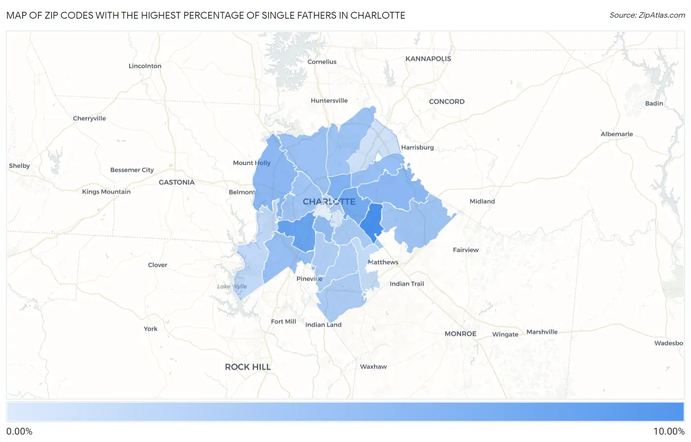 Zip Codes with the Highest Percentage of Single Fathers in Charlotte Map