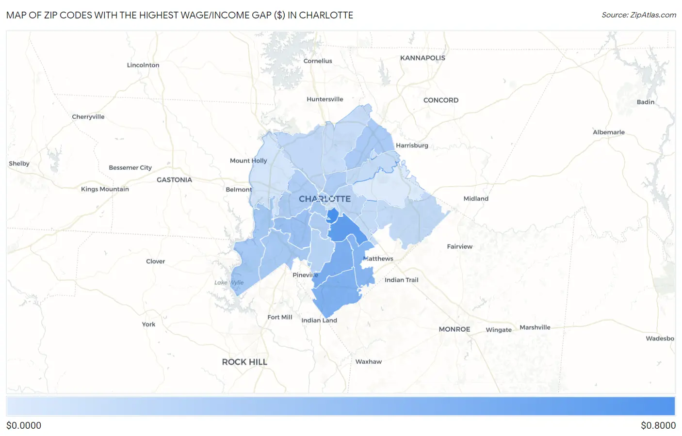 Zip Codes with the Highest Wage/Income Gap ($) in Charlotte Map