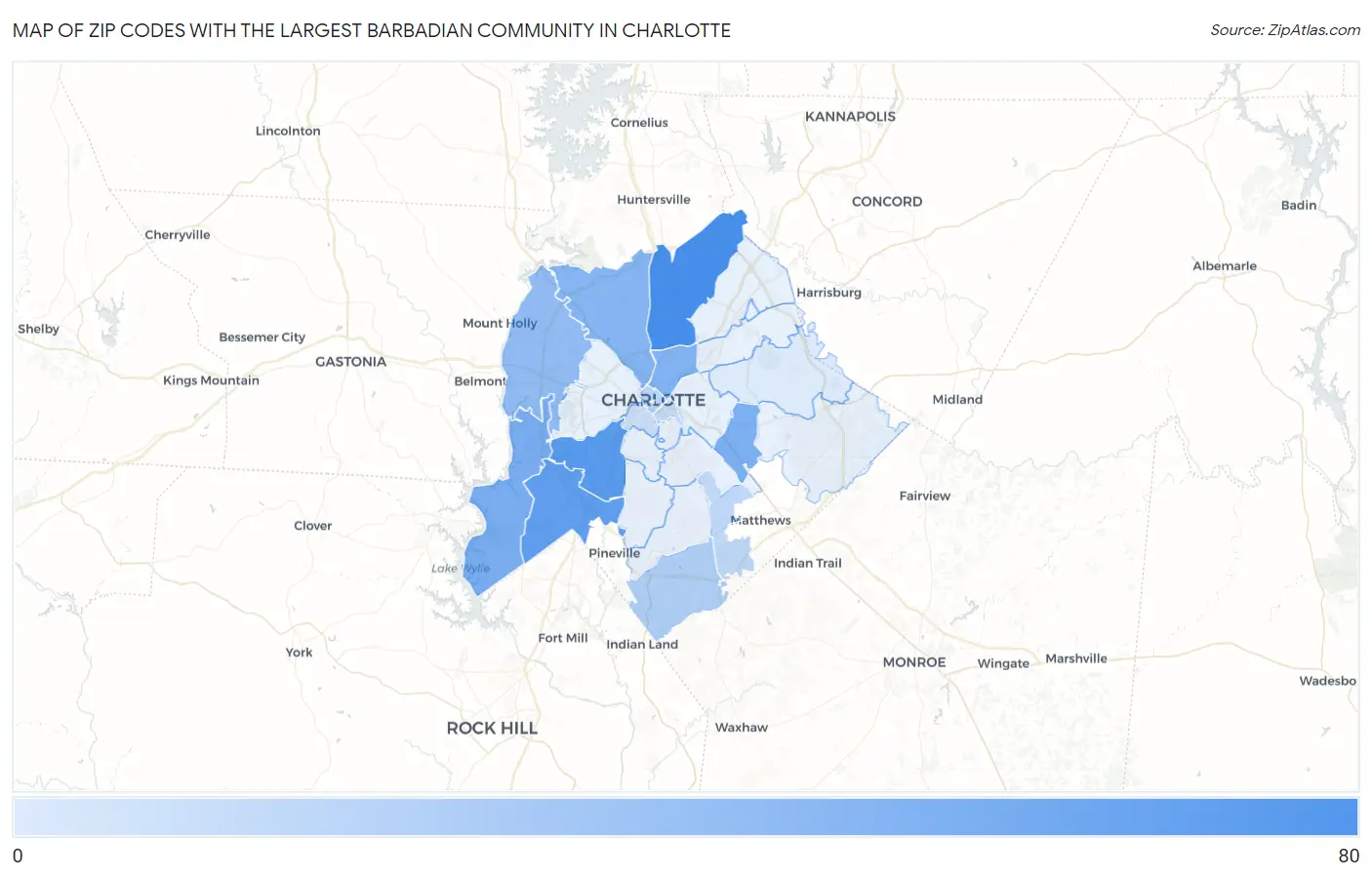Zip Codes with the Largest Barbadian Community in Charlotte Map