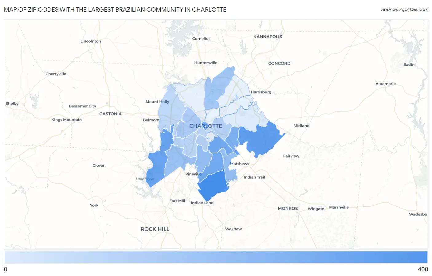 Zip Codes with the Largest Brazilian Community in Charlotte Map
