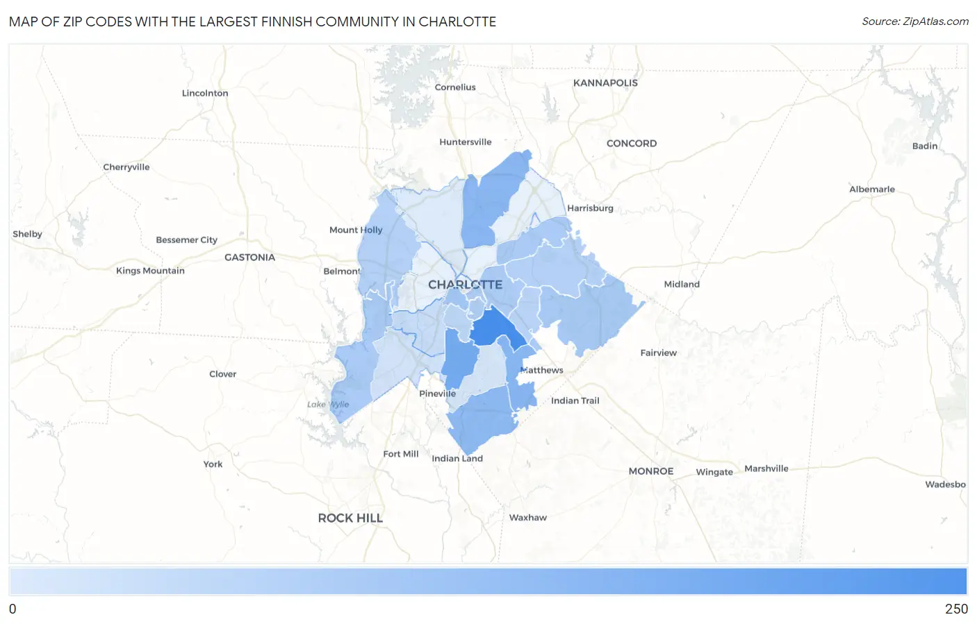 Zip Codes with the Largest Finnish Community in Charlotte Map