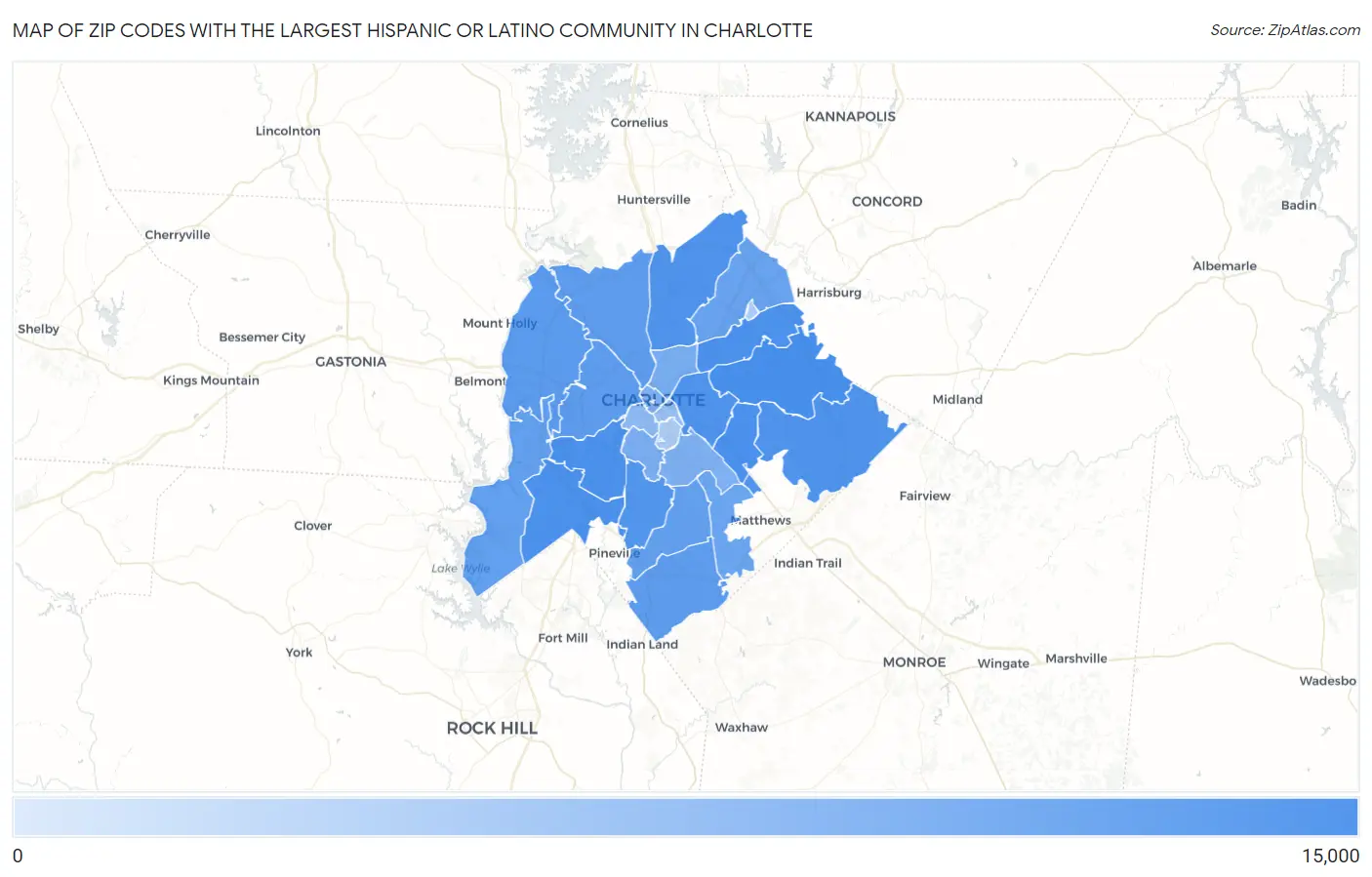 Zip Codes with the Largest Hispanic or Latino Community in Charlotte Map