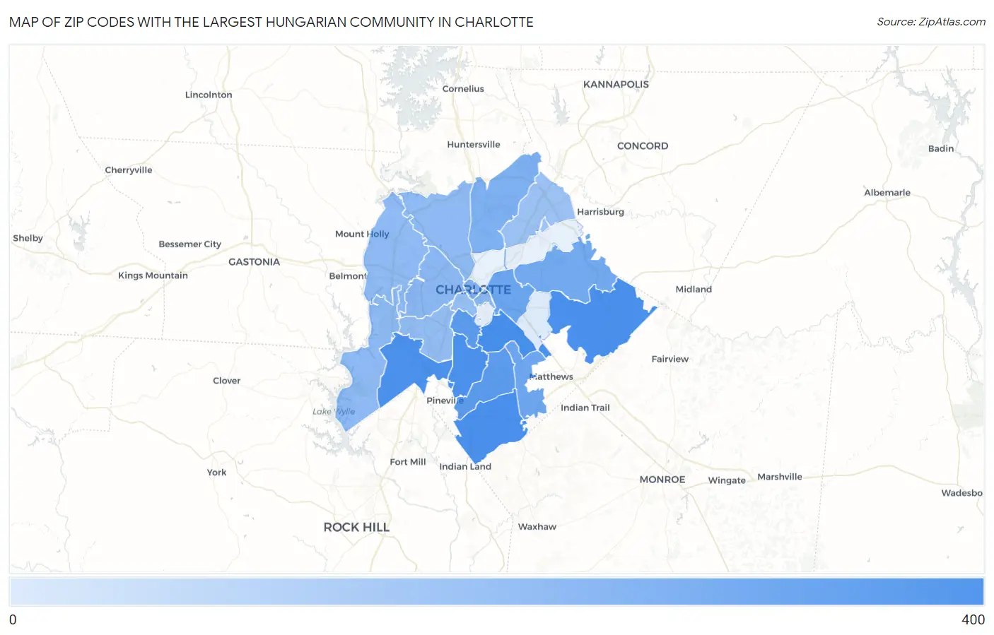 Zip Codes with the Largest Hungarian Community in Charlotte Map