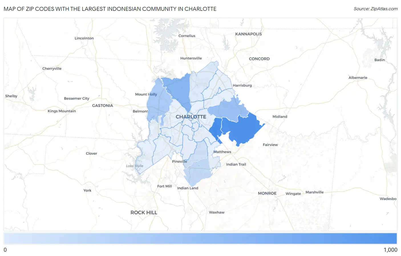 Zip Codes with the Largest Indonesian Community in Charlotte Map