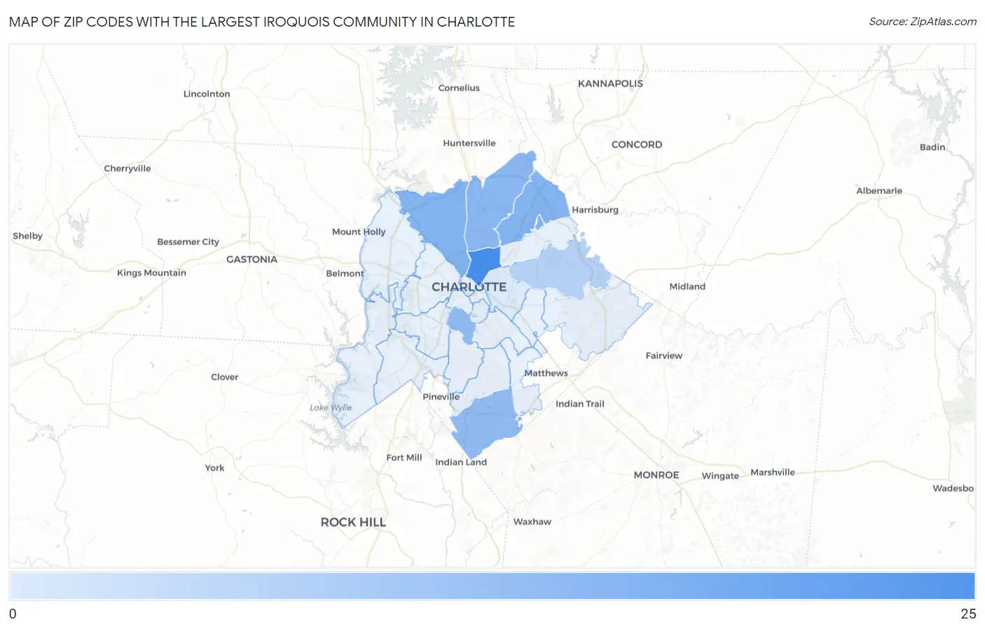 Zip Codes with the Largest Iroquois Community in Charlotte Map